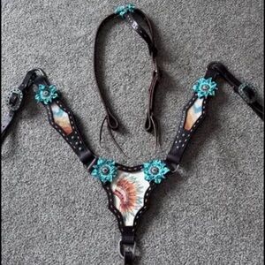 Turquoise Floral Concho Leather Breast Collar and Headstall Set